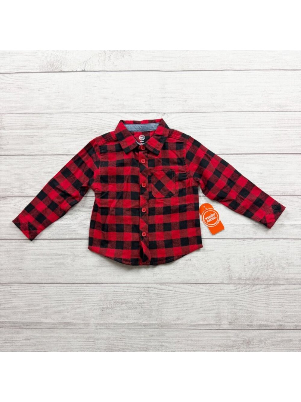 Wonder Nation Boys Red Black Plaid Long Sleeve Button Up Shirt NWT 2T